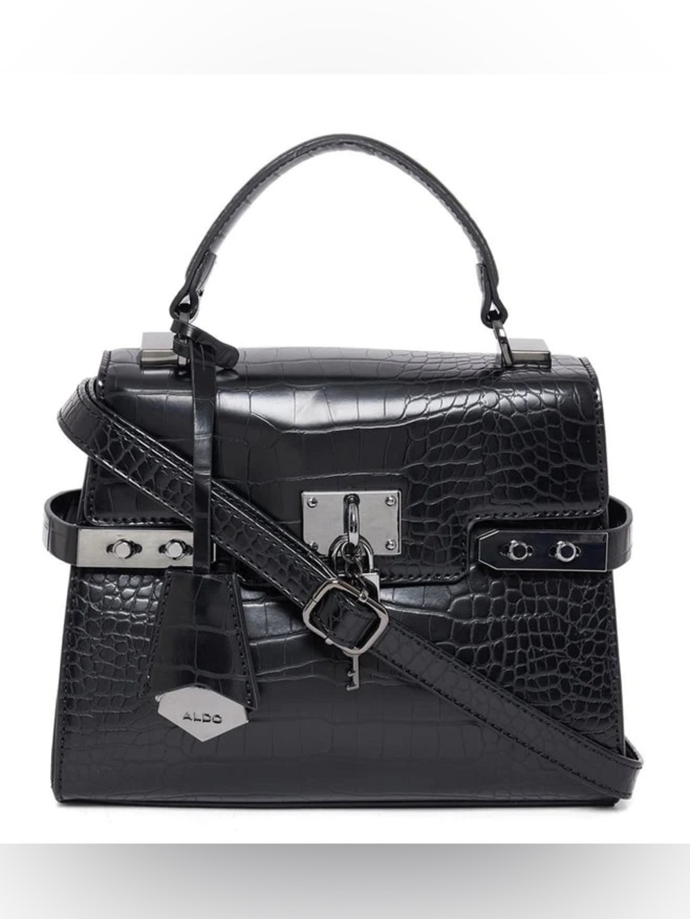 ALDO Black Croc Embossed Structured Satchel with Lock Detail